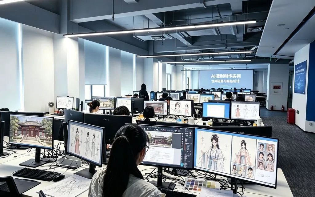 AI 漫剧制作实训课堂，屏幕上为古风角色三视图