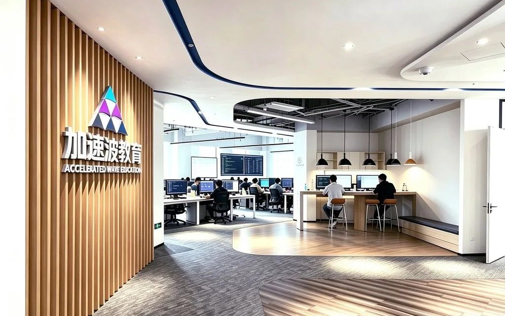 加速波教育校区前台与品牌墙实景