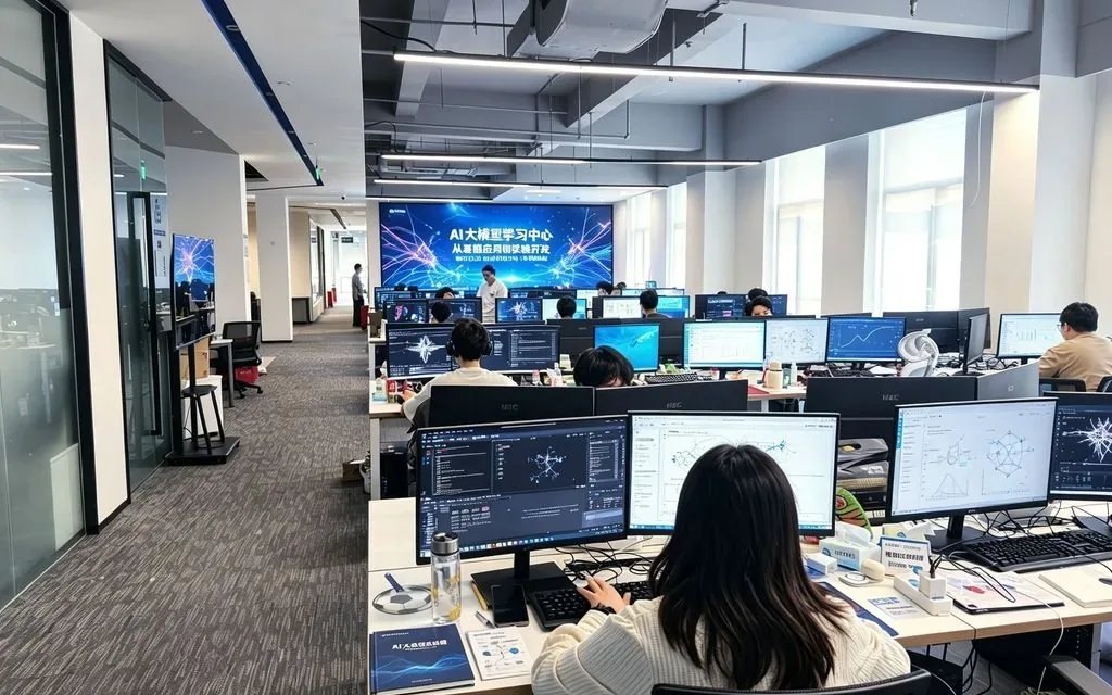 大模型方向项目实训机房，工位上是应用开发界面