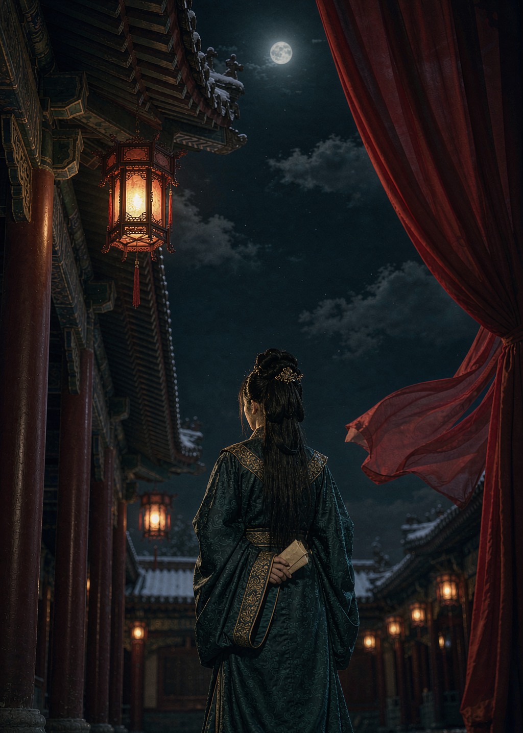 国风古装女子背影立于夜巷灯笼下，红帘半垂，权谋剧质感