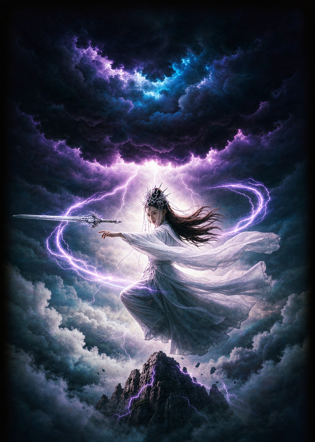 云海之上，持剑女修在紫色雷电与星芒中凌空而立，仙侠玄幻场面