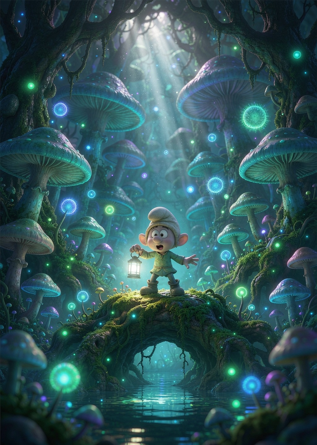 荧光蘑菇森林中，小精灵提着微光站在溪流石桥上，三维动画电影质感